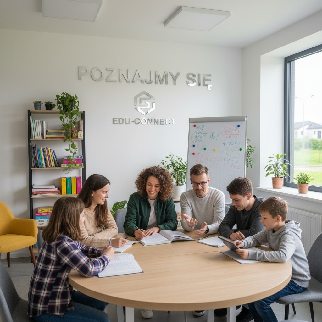 Grupa uczniów i nauczycieli siedzi przy okrągłym stole w nowoczesnej sali edukacyjnej, pracując wspólnie nad zadaniami.